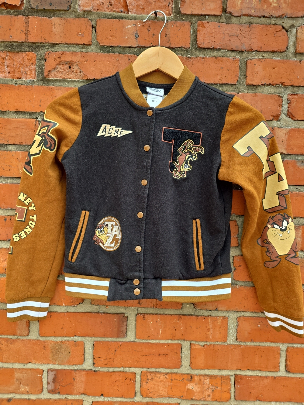 Vintage Looney Tunes Tasmanian Devil Varsity Jacket Youth 10/12 Black Brown (RS)